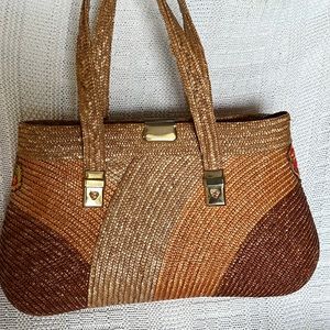 Straw woven brown, gold and beige vintage handbag